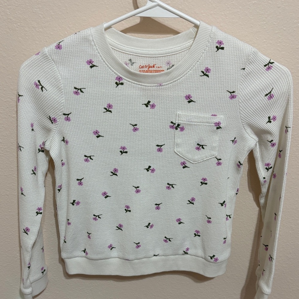 Cat & Jack White Long Sleeve Thermal Top with Pink Floral Print